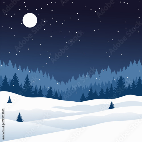 Serene Winter Landscape Illustration with a Full Moon and Starry Sky, Perfect for Holiday Designs with Ample Copy Space