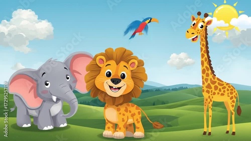 Cartoon animals including a smiling lion, elephant, and giraffe in a vibrant green landscape under a blue sky