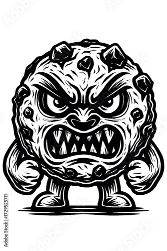 Intensely menacing black and white spiky monstrous creature illustration with sharp teeth and furious eyes, resembling a formidable cartoon virus or asteroid, rendered in a bold, striking woodcut vect