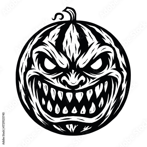 Menacing Black and White Pumpkin Face Vector Illustration for Halloween. Spooky Carved Jack-O'-Lantern Design with Evil Eyes and Sharp Fangs. Perfect for T-shirts, Posters, and Festive Decorations. Cr