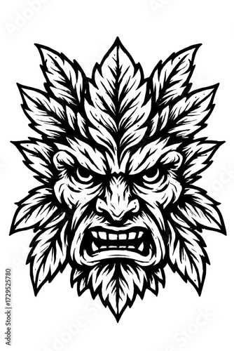 Intricate black and white woodcut-style illustration of an enraged mythical Green Man, a fierce forest spirit with a face formed entirely from intertwining leaves, showcasing raw natural power, primal