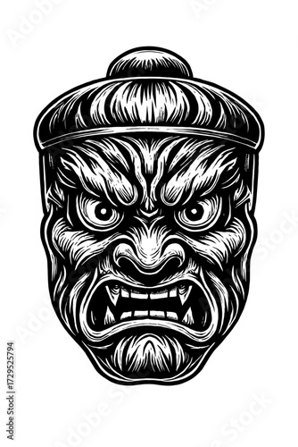 Detailed black and white vector illustration of a fearsome Japanese Oni demon mask, featuring sharp fangs, intense eyes, and a menacing expression, capturing traditional mythological power, raw folklo