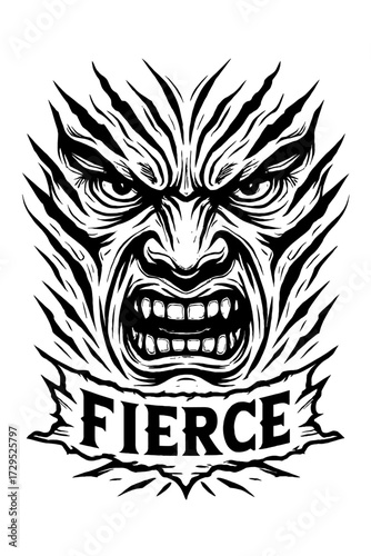 Dynamic and powerful black and white illustration of a snarling, fierce beast's face with bared teeth and intense eyes, tribal-inspired design featuring the word 'FIERCE' prominently, perfect for edgy
