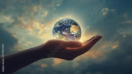 A human hand gently cradles a glowing Earth against a dramatic sky, symbolizing care for the planet
