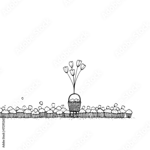 A whimsical sketch of a basket filled with eggs and tulips amidst a sea of cupcakes and petals
