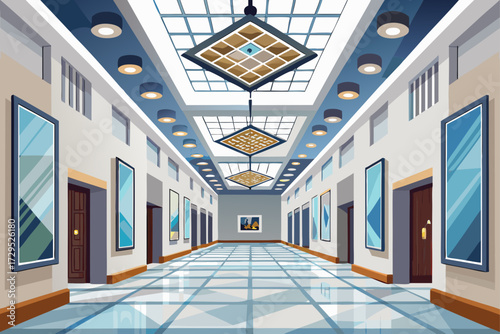vector of "With Kenaf ceilings, turn your home into an art gallery. Light, modern and eye-catching. White hall interior with halogen lights