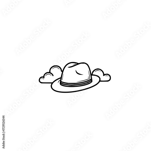 Illustration of a fedora hat with a dark band and two cloud shapes on a plain white background