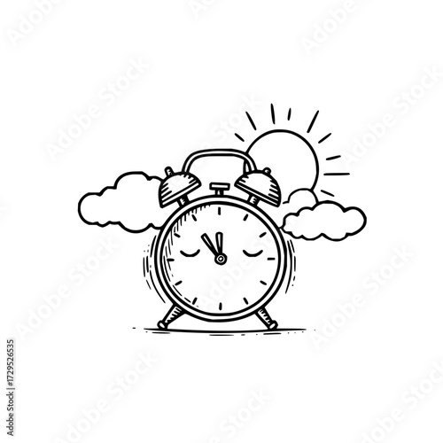 Alarm clock with closed eyes face surrounded by clouds and sun in a black and white sketch style