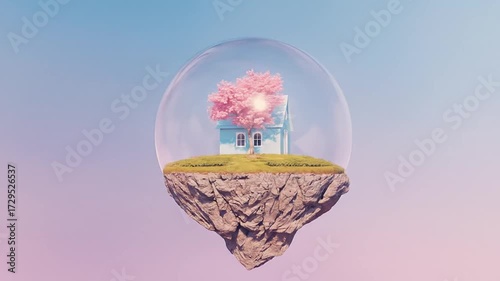 A serene floating house surrounded by cherry blossom trees under a pastel sky, evoking tranquility