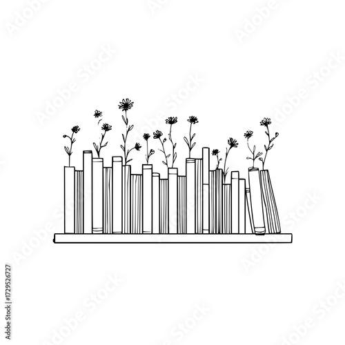 Bookshelf with flowers growing from books in a black and white line drawing style illustration design
