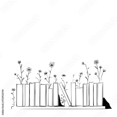 Bookshelf with flowers growing out of books in a black and white illustration style art drawing design