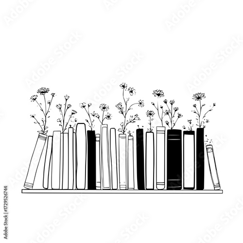 Shelf of books with flowers growing out of them in a black and white line art illustration style