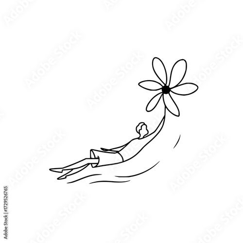 A minimalist line drawing of a person reclining and holding a large flower with six petals upward softly