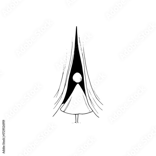 Illustration of a lone figure standing between parted curtains with a glowing orb above their head design