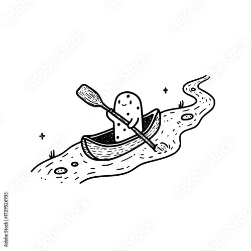 A dotted character paddles a canoe down a winding river in a black and white illustration style image