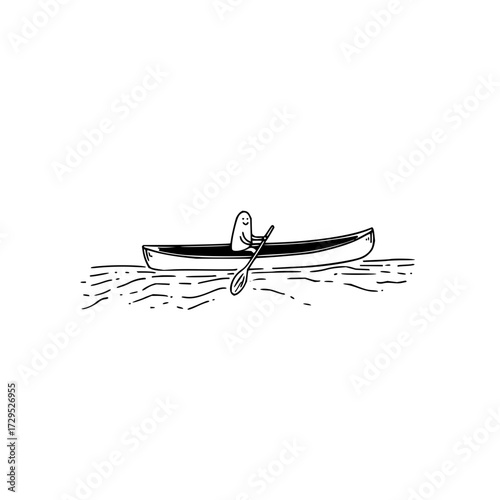 A cartoon figure with a simple smile rowing a canoe on water with a paddle in a minimalist style art