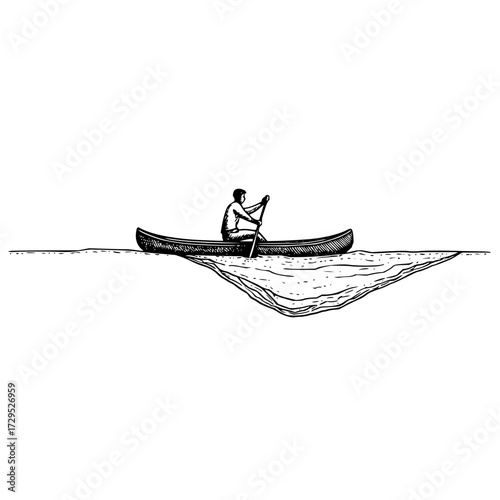 Illustration of a person paddling a canoe on water with visible water displacement in black and white style