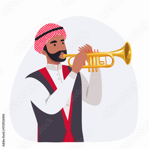 Musicien, joue de la trompette, type oriental ,arrière plan blanc