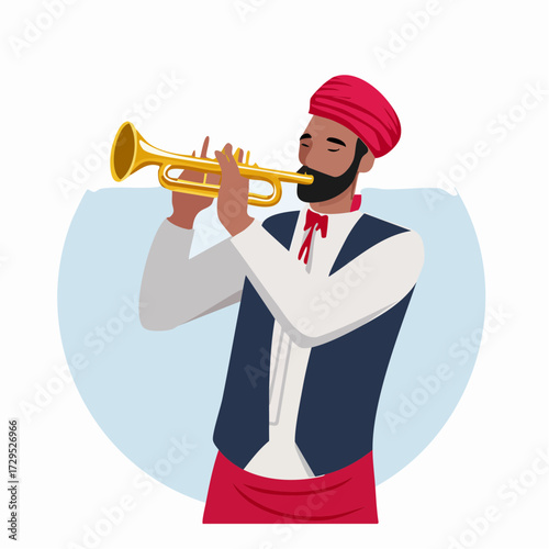 Musicien, joue de la trompette, type oriental ,arrière plan blanc