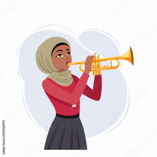 Musicienne voilée type orientale, joue de la trompette,  arrière plan blanc