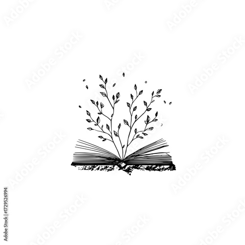 A book with a tree growing out of it with leaves falling around it in a black and white illustration