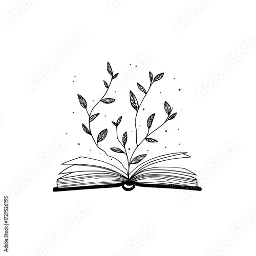 Open book with plants growing out of it in black and white drawing with small dots around the plants