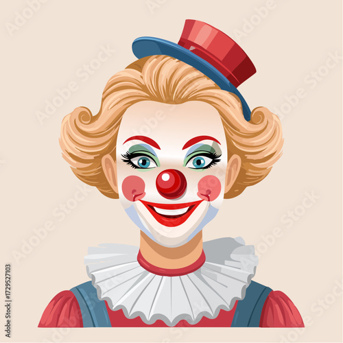 Très belle illustration d'une femme Clown, cirque, portrait, joie, sourire, coloré, maquillée 
