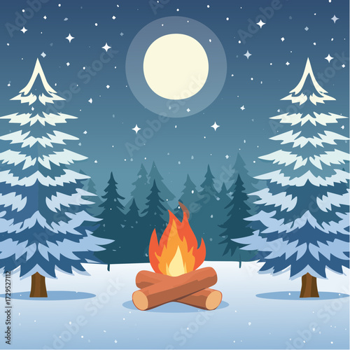 Feu de bois, dans la forêt enneigée, la nuit 