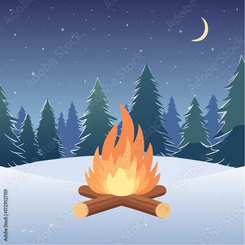 Feu de bois, dans la forêt enneigée, la nuit 