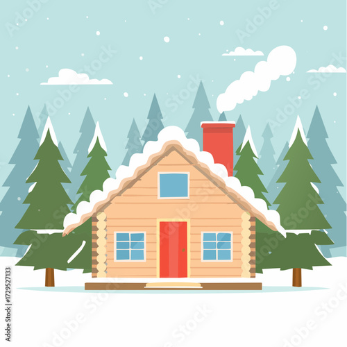 Chalet en bois au beau milieu d'une forêt de sapins enneigée, hiver, froid, habitation
