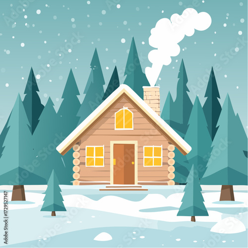 Chalet en bois au beau milieu d'une forêt de sapins enneigée, hiver, froid, habitation