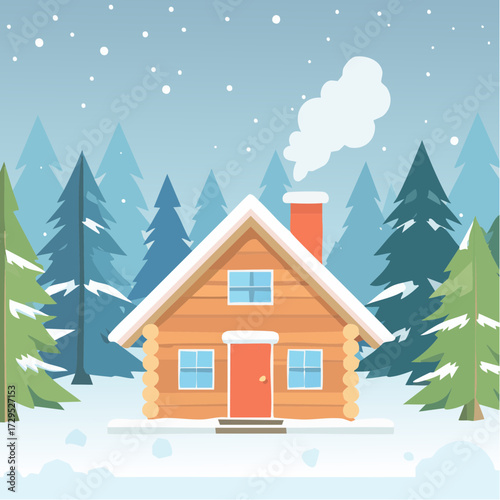 Chalet en bois au beau milieu d'une forêt de sapins enneigée, hiver, froid, habitation