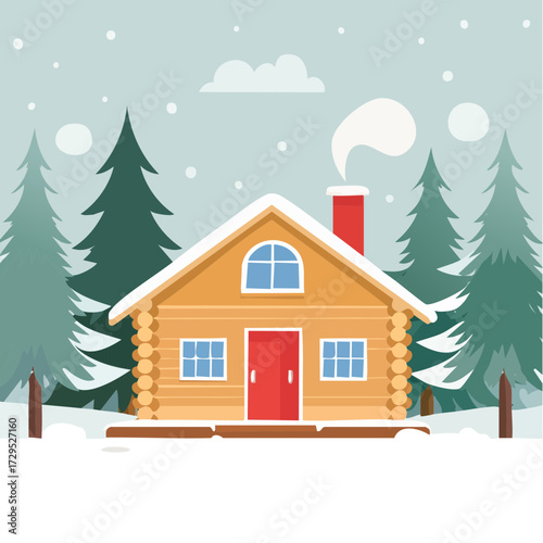 Chalet en bois au beau milieu d'une forêt de sapins enneigée, hiver, froid, habitation