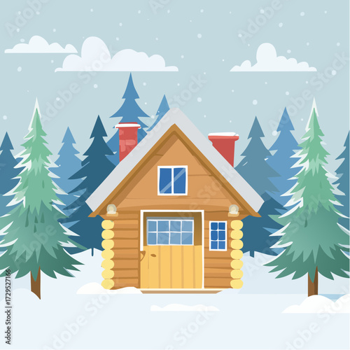 Chalet en bois au beau milieu d'une forêt de sapins enneigée, hiver, froid, habitation
