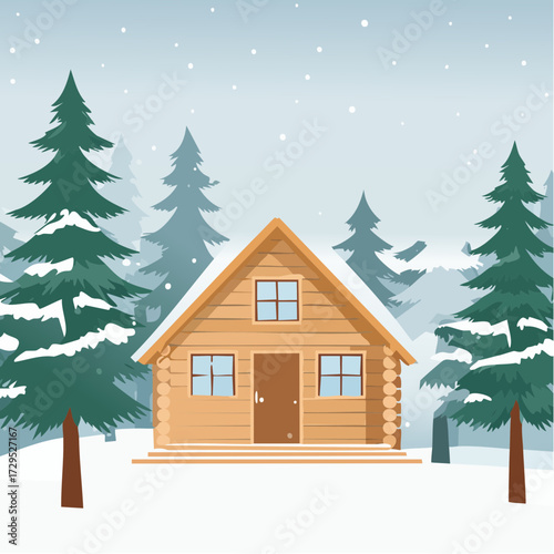 Chalet en bois au beau milieu d'une forêt de sapins enneigée, hiver, froid, habitation