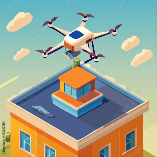 Livraison d'un colis par drone sur le toit d'une habitation