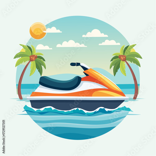 Joli jet ski coloré sur l'eau, arrière plan clair ,sport nautique, loisir