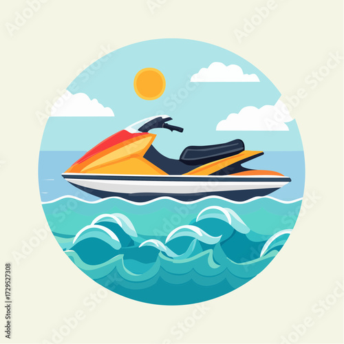 Joli jet ski coloré sur l'eau, arrière plan clair ,sport nautique, loisir