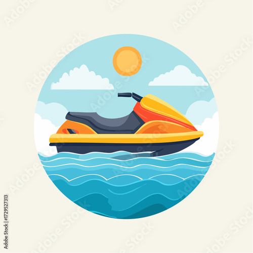 Joli jet ski coloré sur l'eau, arrière plan clair ,sport nautique, loisir