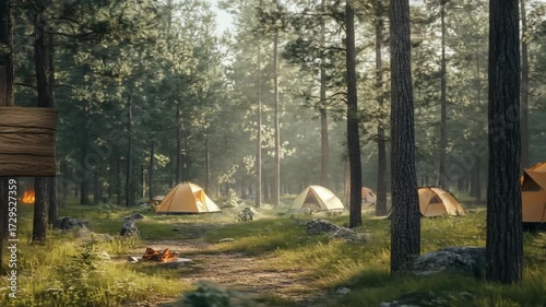 A serene camping scene in a lush forest with yellow tents, a campfire, and a wooden signpost