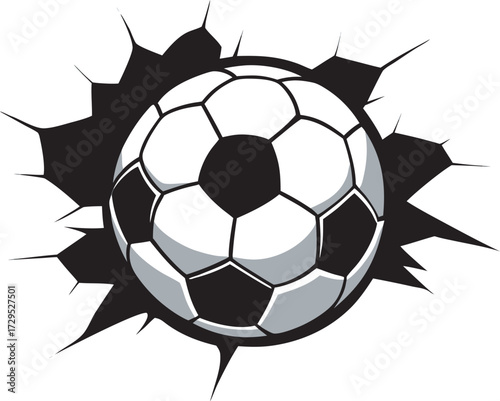 Dynamic soccer ball bursting through an imaginary surface impact sport action graphic