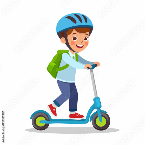 Petit garçon joyeux et souriant qui fait de la trottinette, isolé, fond clair