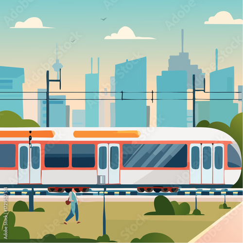 Train, tram, métro, traversant la ville, coloré, transports urbain, transport en commun, 