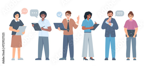 Multinational team of business people. Men and women of various races, ethnicities end ages in office outfits at work. Vector characters illustration isolated on white background.