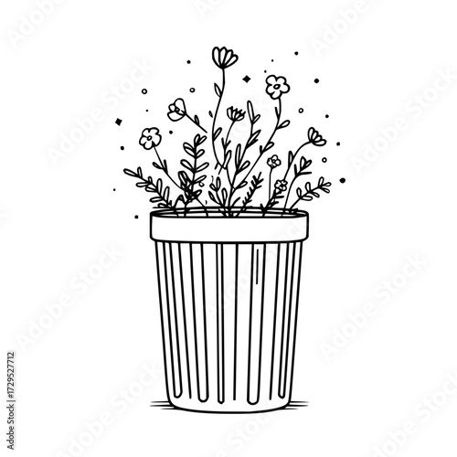 Hand drawn illustration of flowers and plants in a pot with vertical lines in black and white style art