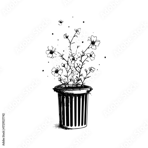 Flowers growing out of a trash can in black and white ink drawing style with small dots scattered around them
