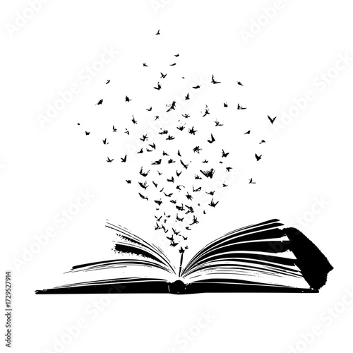 Open book with birds flying out of it in black and white ink illustration on a white background view