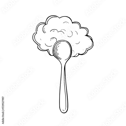 A spoon with a cloud like substance above it in a black and white sketch style illustration image here