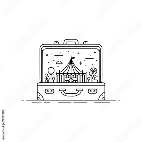 Circus tent and amusement park inside a suitcase with stars and clouds in a line art illustration