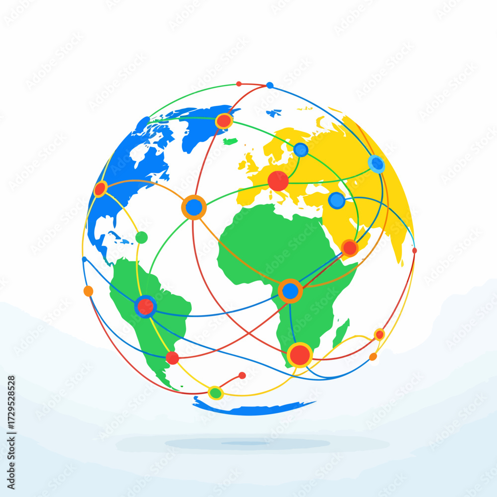 Naklejka premium Illustration of a globe with interconnected lines and nodes, representing global networks and connections.